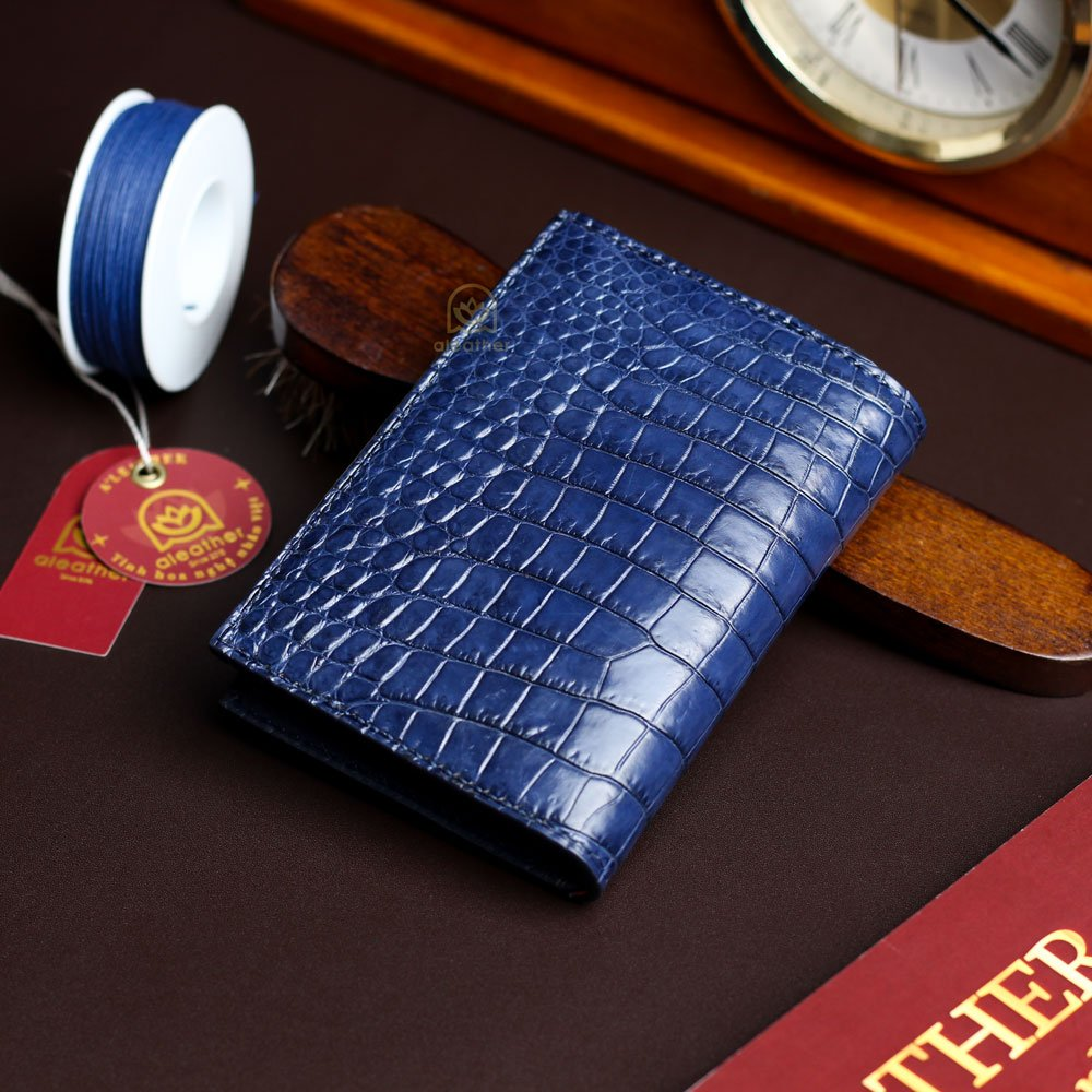 Custom 2 Navy Blue French Alligator Leather Wallet – Personalized Design