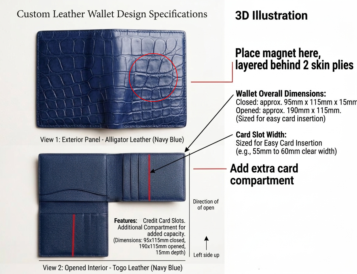 Custom 2 Navy Blue French Alligator Leather Wallet – Personalized Design